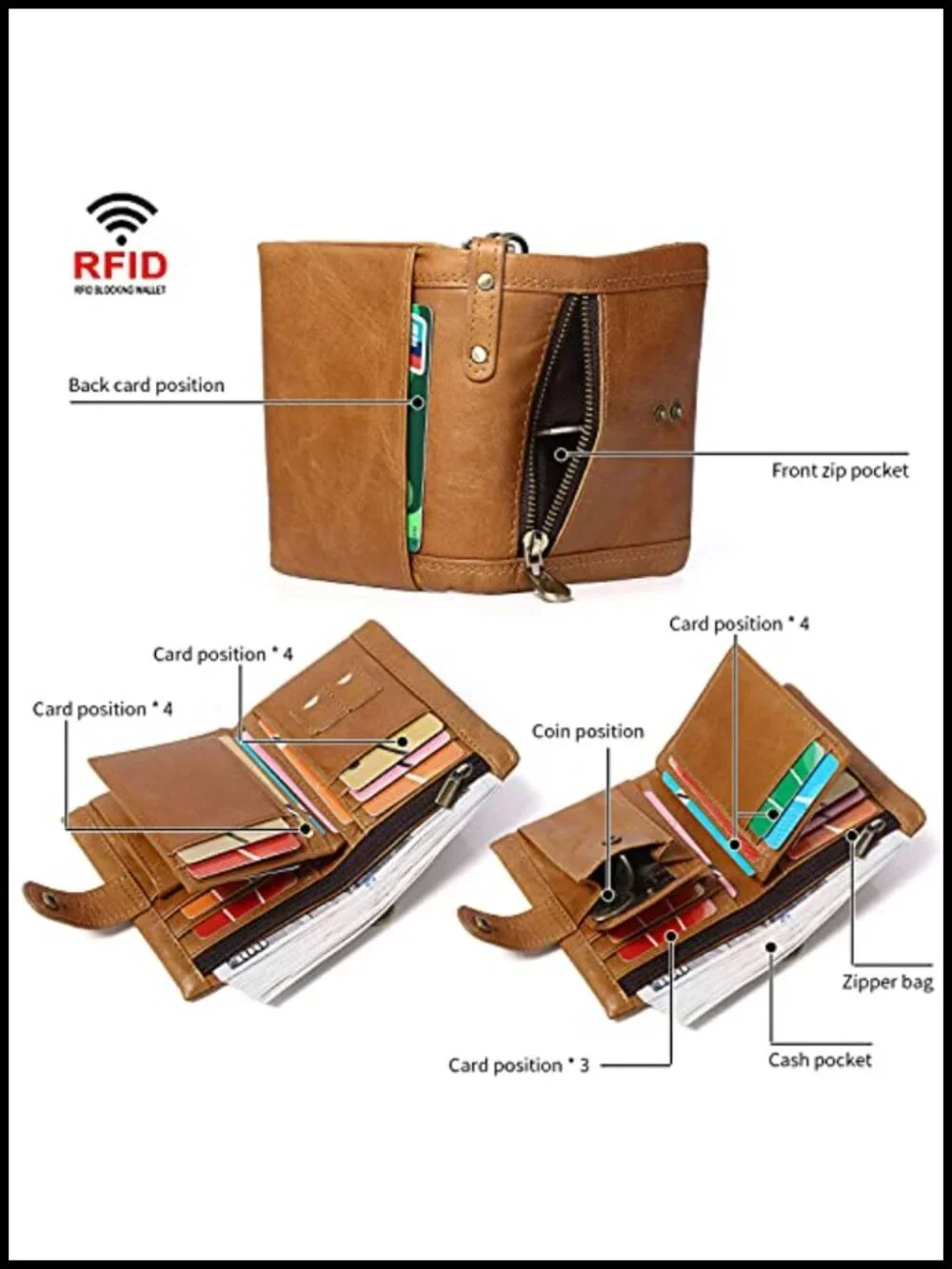 Genuine Leather RFID Bifold Wallet with Anti-Theft Chain, Multifunctional Card
